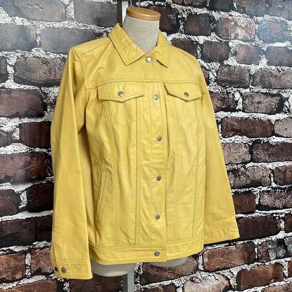 Jessica London Jacket Women's 12 Yellow NWT Leather Coat Snap Buttons Collared - Picture 8 of 17